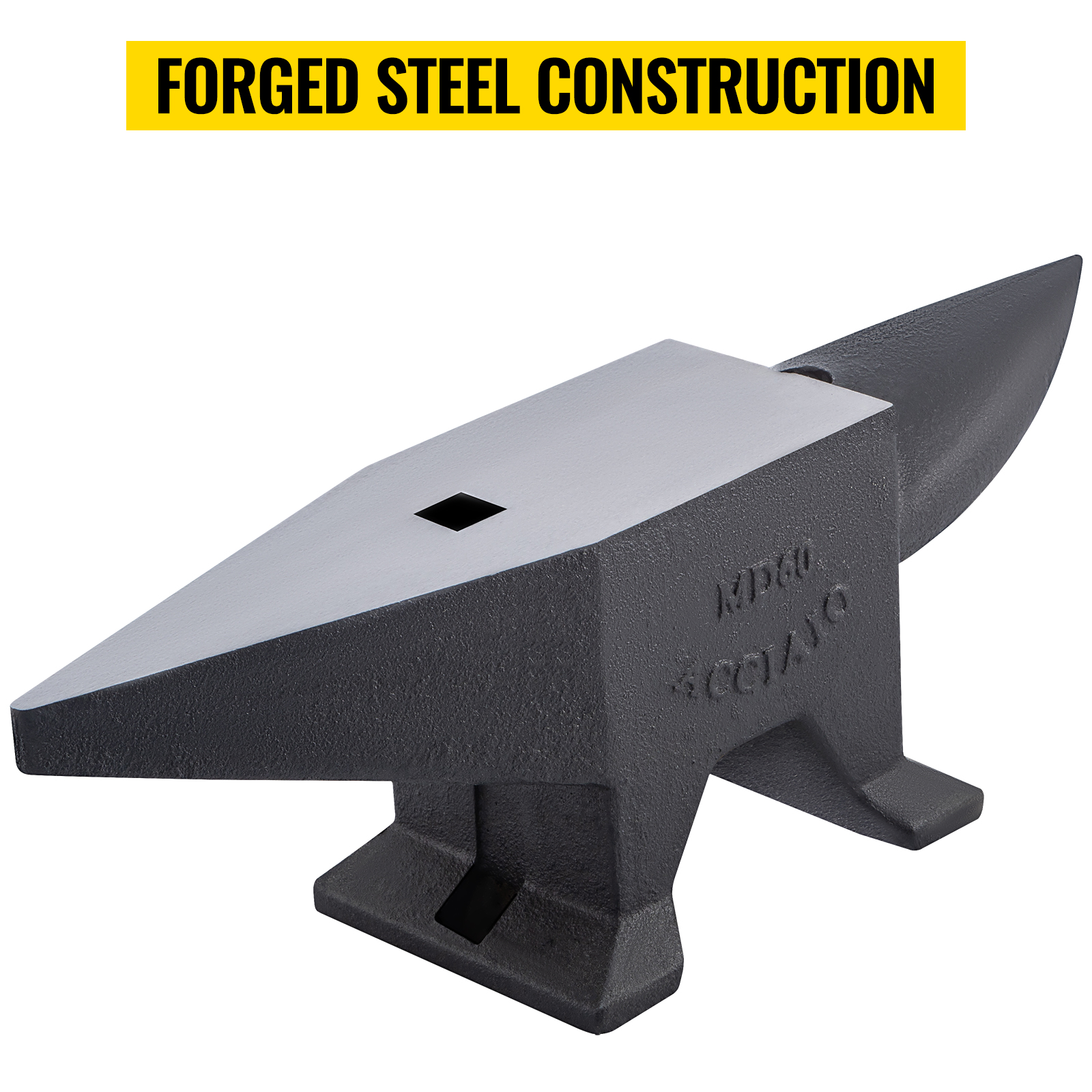 VEVOR cast iron anvil with forged steel construction, rectangular and tapered ends, black and silver.