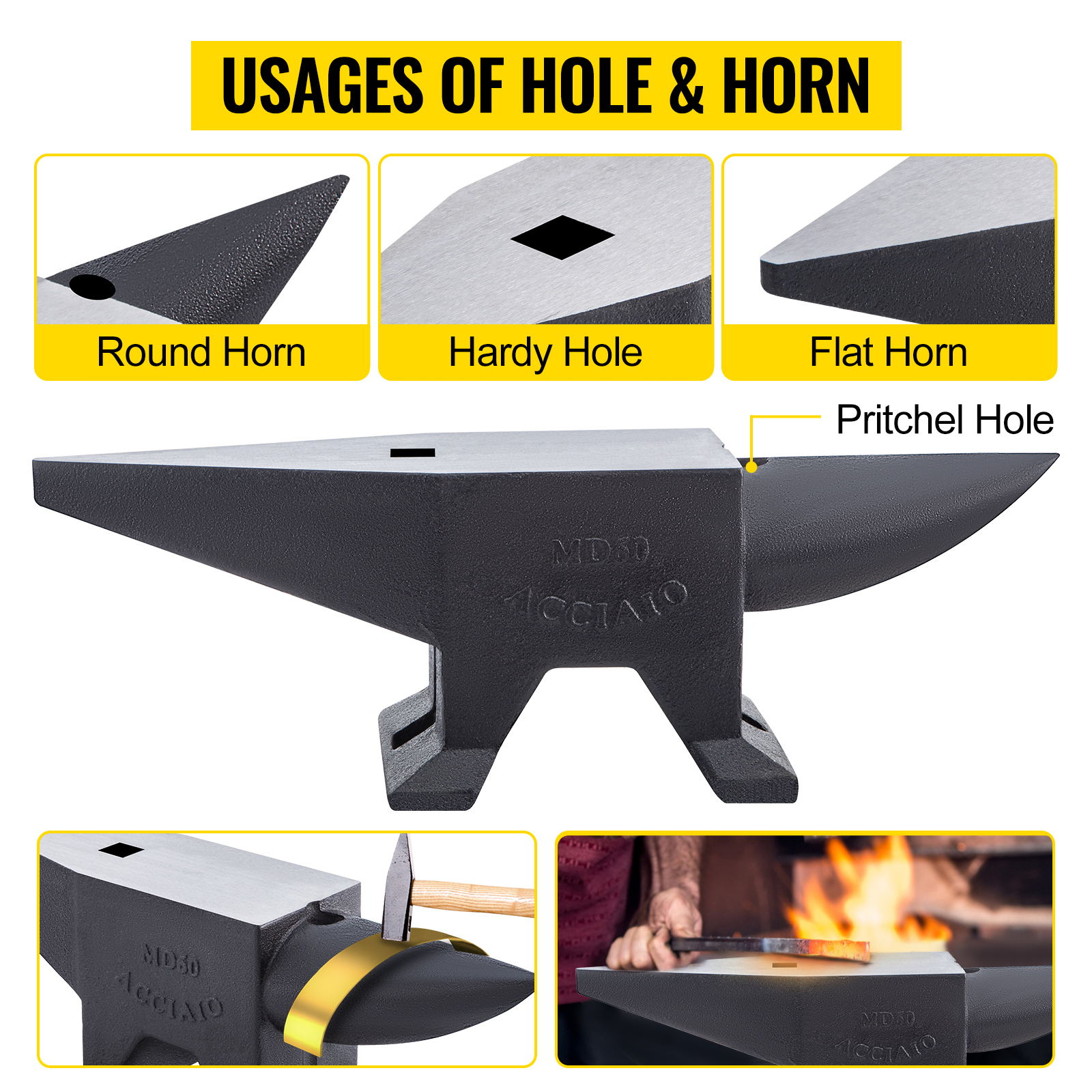 VEVOR cast iron anvil uses: round horn, hardy hole, flat horn, pritchel hole, blacksmithing hammer.