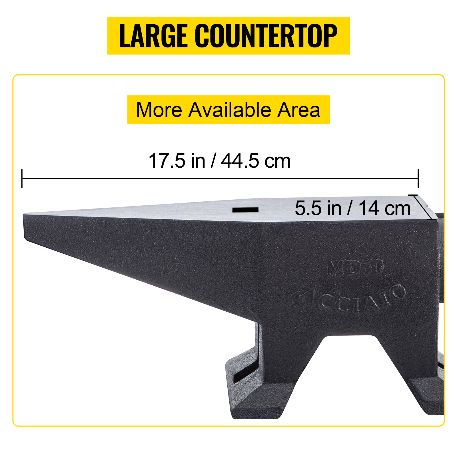 side view of VEVOR cast iron anvil with dimensions 17.5 in/44.5 cm by 5.5 in/14 cm.