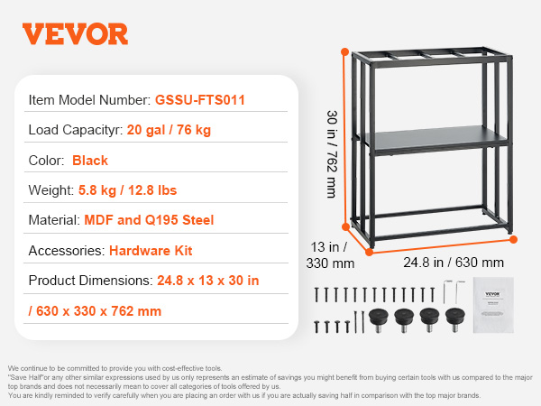 VEVOR aquarium stand, 20 gal capacity, black mdf and q195 steel, includes hardware kit, 24.8x13x30 in.