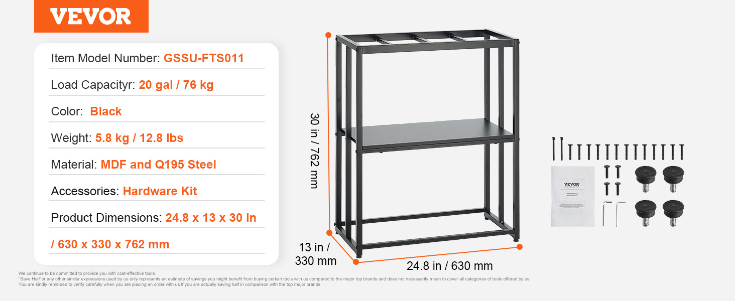VEVOR aquarium stand, 20 gal capacity, black mdf and q195 steel, includes hardware kit, 24.8x13x30 in.