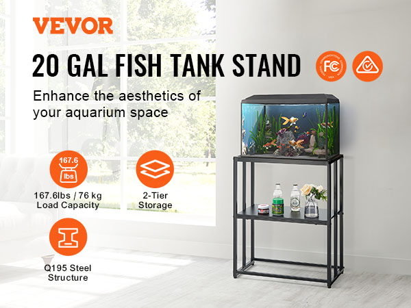 VEVOR aquarium stand with 2-tier storage, 20 gal capacity, and durable q195 steel structure.