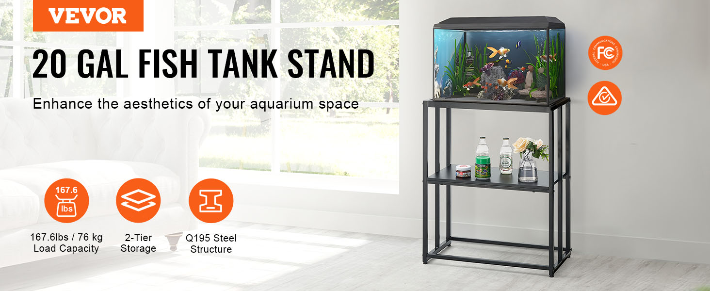 VEVOR aquarium stand with 2-tier storage, 20 gal capacity, and durable q195 steel structure.