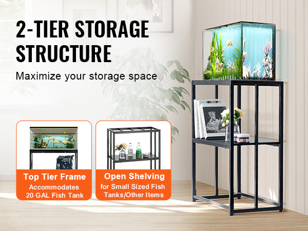 VEVOR aquarium stand displaying a 20-gallon tank on top with additional storage shelves below.