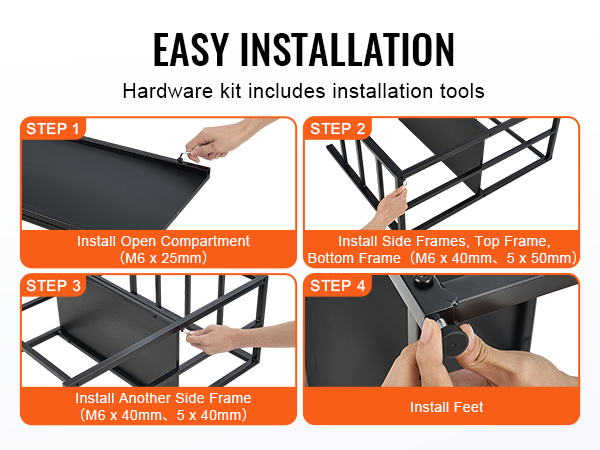 easy installation guide for VEVOR aquarium stand in four steps. includes compartment, frame, and feet setup.