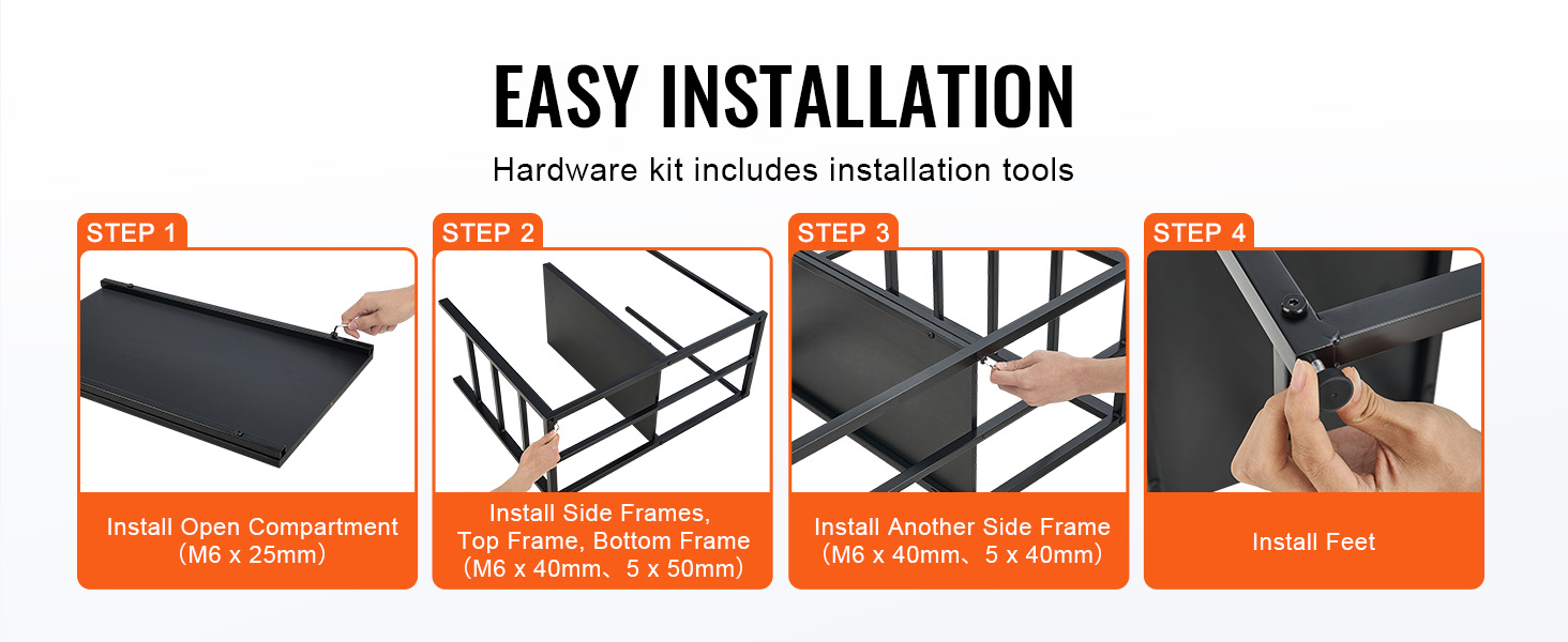 easy installation guide for VEVOR aquarium stand in four steps. includes compartment, frame, and feet setup.