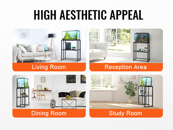 VEVOR aquarium stand in living room, reception area, dining room, and study room for high aesthetic appeal.
