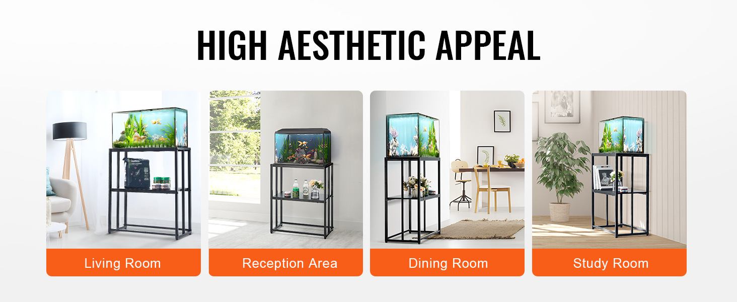 VEVOR aquarium stand in living room, reception area, dining room, and study room for high aesthetic appeal.
