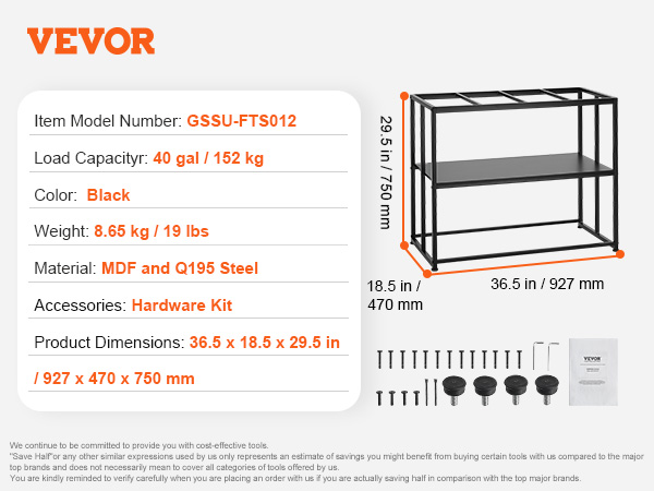 VEVOR aquarium stand model gssu-fts012, 40 gal capacity, black mdf and q195 steel, 36.5x18.5x29.5 in.