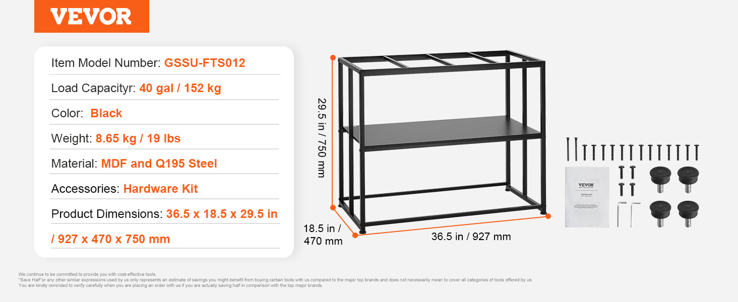 VEVOR aquarium stand model gssu-fts012, 40 gal capacity, black mdf and q195 steel, 36.5x18.5x29.5 in.