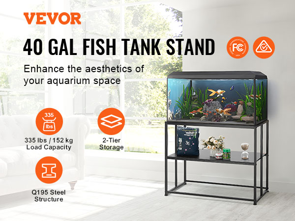 VEVOR aquarium stand for 40-gallon fish tank, 2-tier q195 steel, 335 lbs load, ul/ce/saa certified.