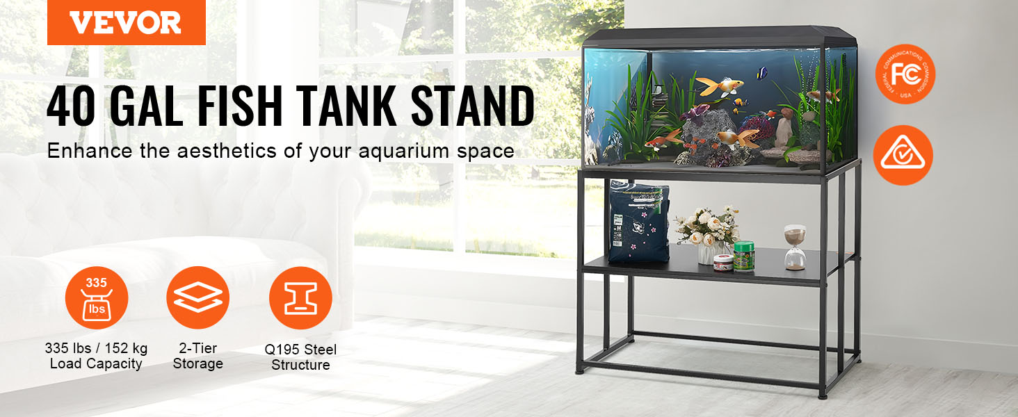 VEVOR aquarium stand for 40-gallon fish tank, 2-tier q195 steel, 335 lbs load, ul/ce/saa certified.