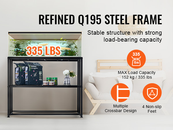VEVOR aquarium stand with q195 steel frame supports 335 lbs, featuring a modern room setup and orange icons.