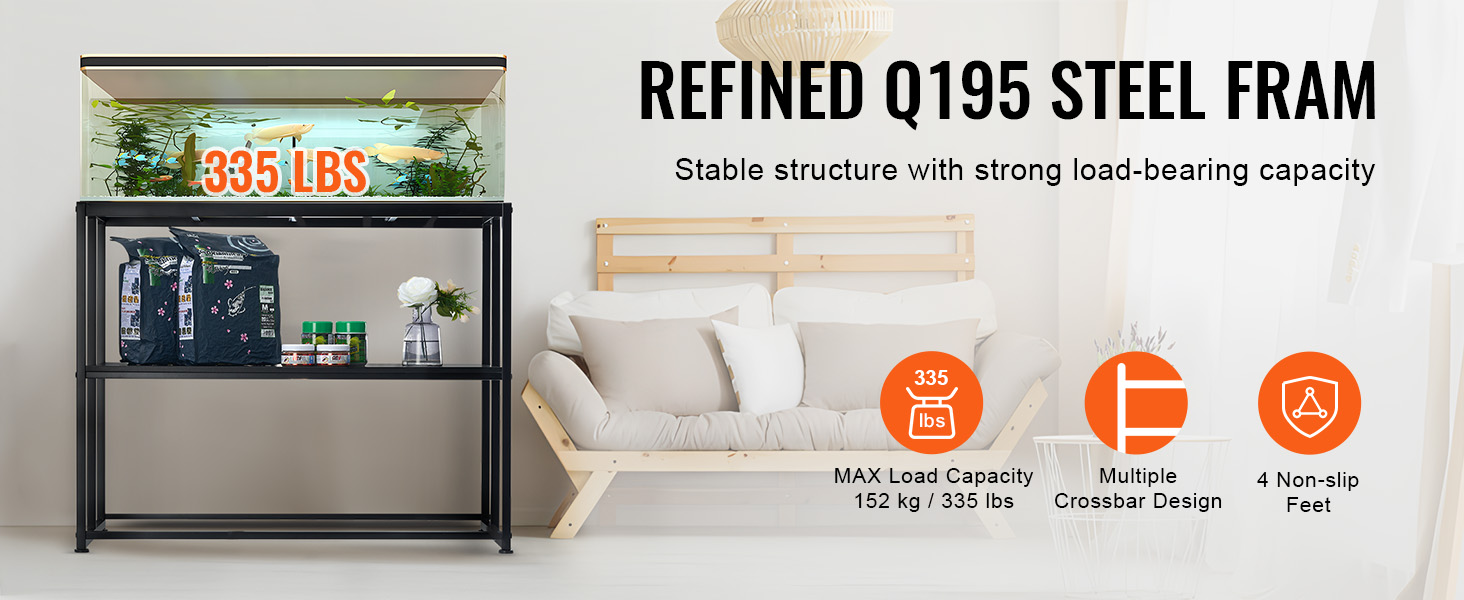 VEVOR aquarium stand with q195 steel frame supports 335 lbs, featuring a modern room setup and orange icons.