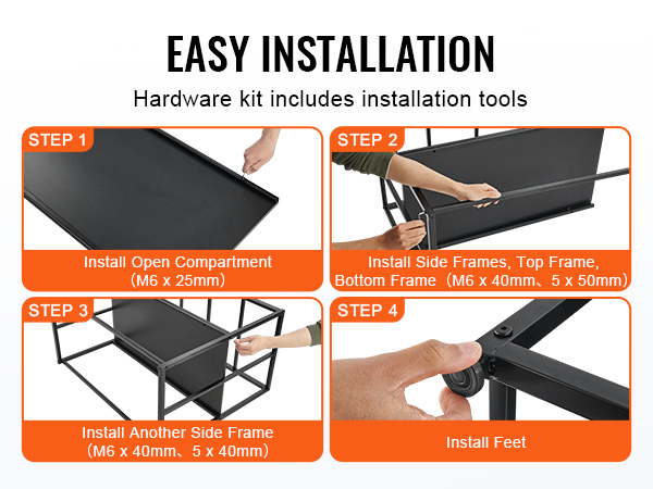 easy installation guide for VEVOR aquarium stand: install open compartment, side frames, top, bottom frames, and feet