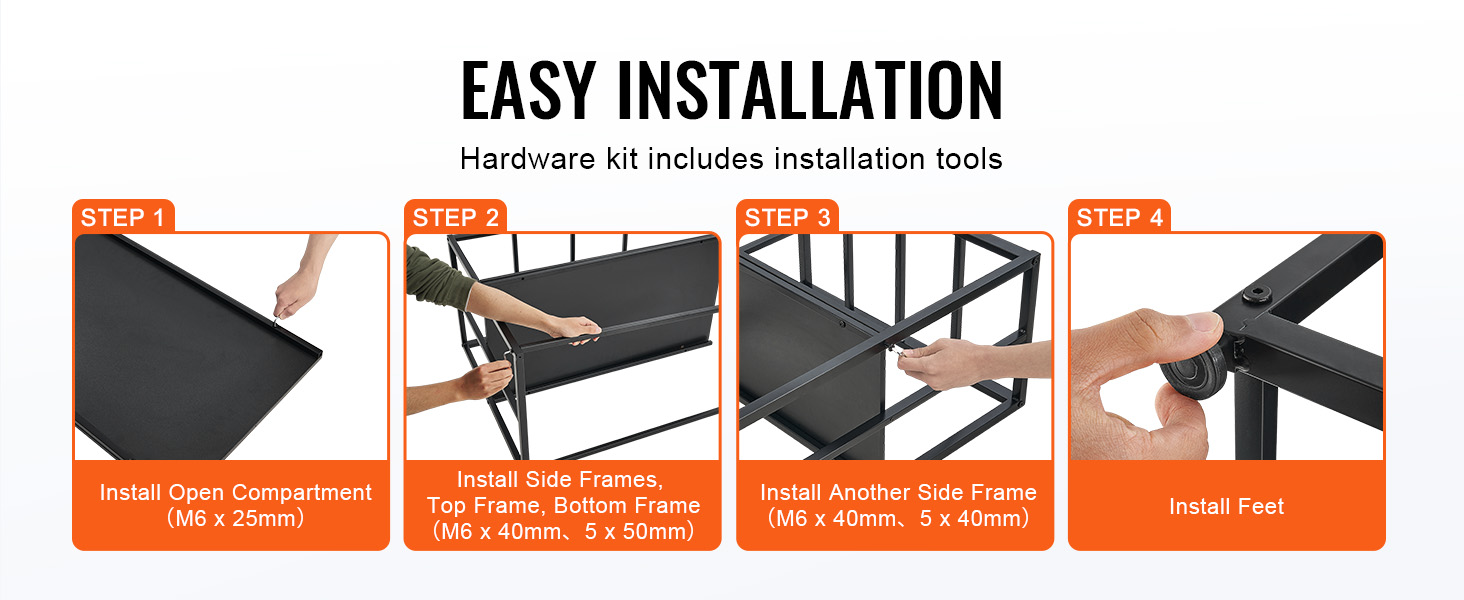 easy installation guide for VEVOR aquarium stand: install open compartment, side frames, top, bottom frames, and feet