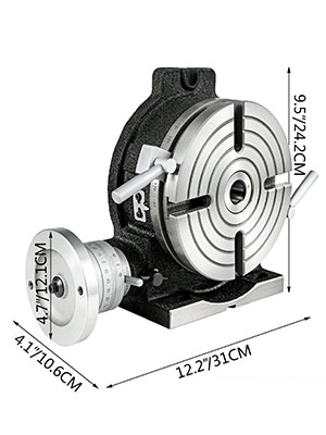 VEVOR rotary table with dimensions labeled: 12.2"x9.5"x4.7".