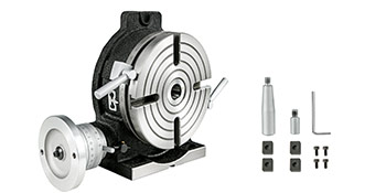VEVOR rotary table with accessories including bolts, wrench, and centering tools.