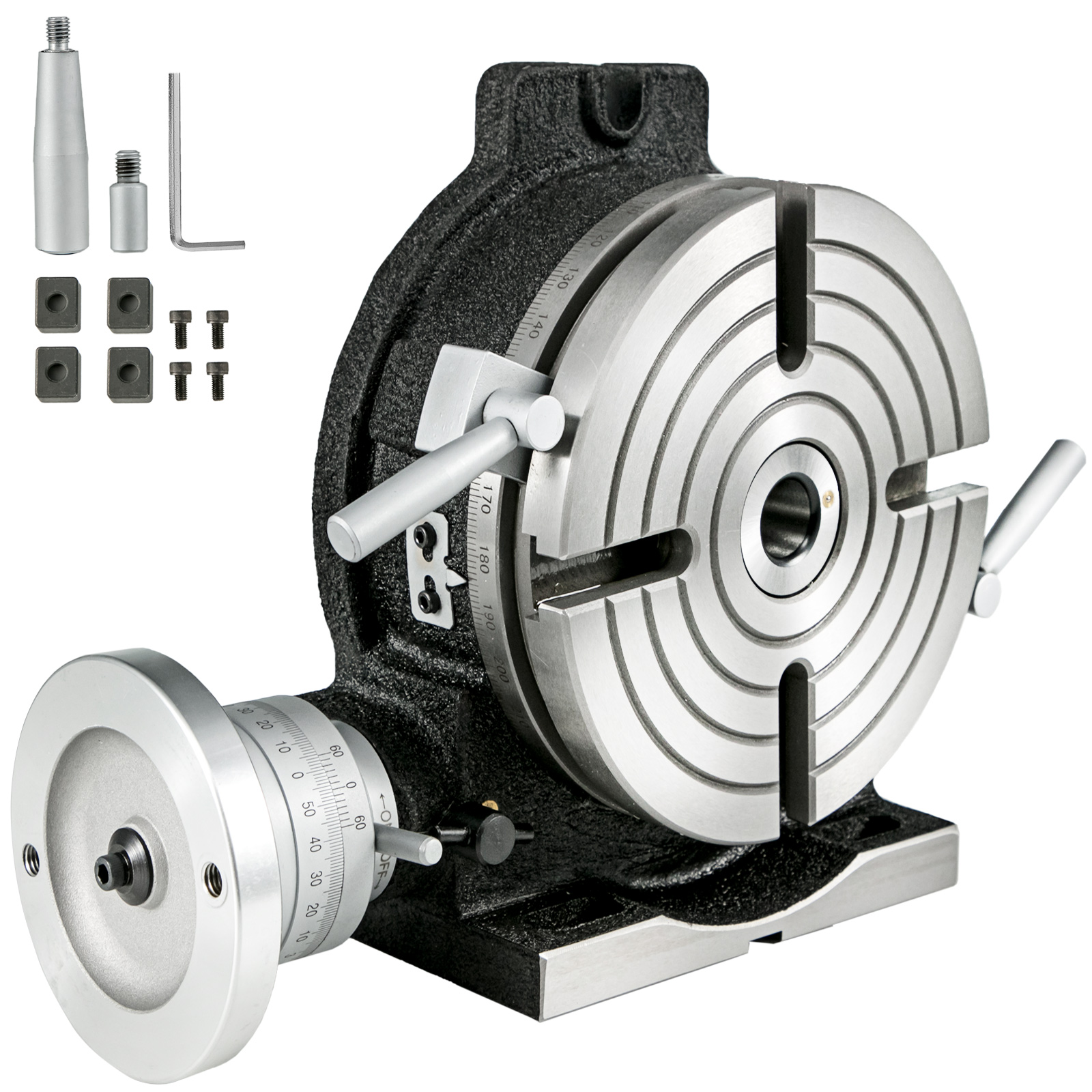 VEVOR rotary table with precision scale and included accessories.