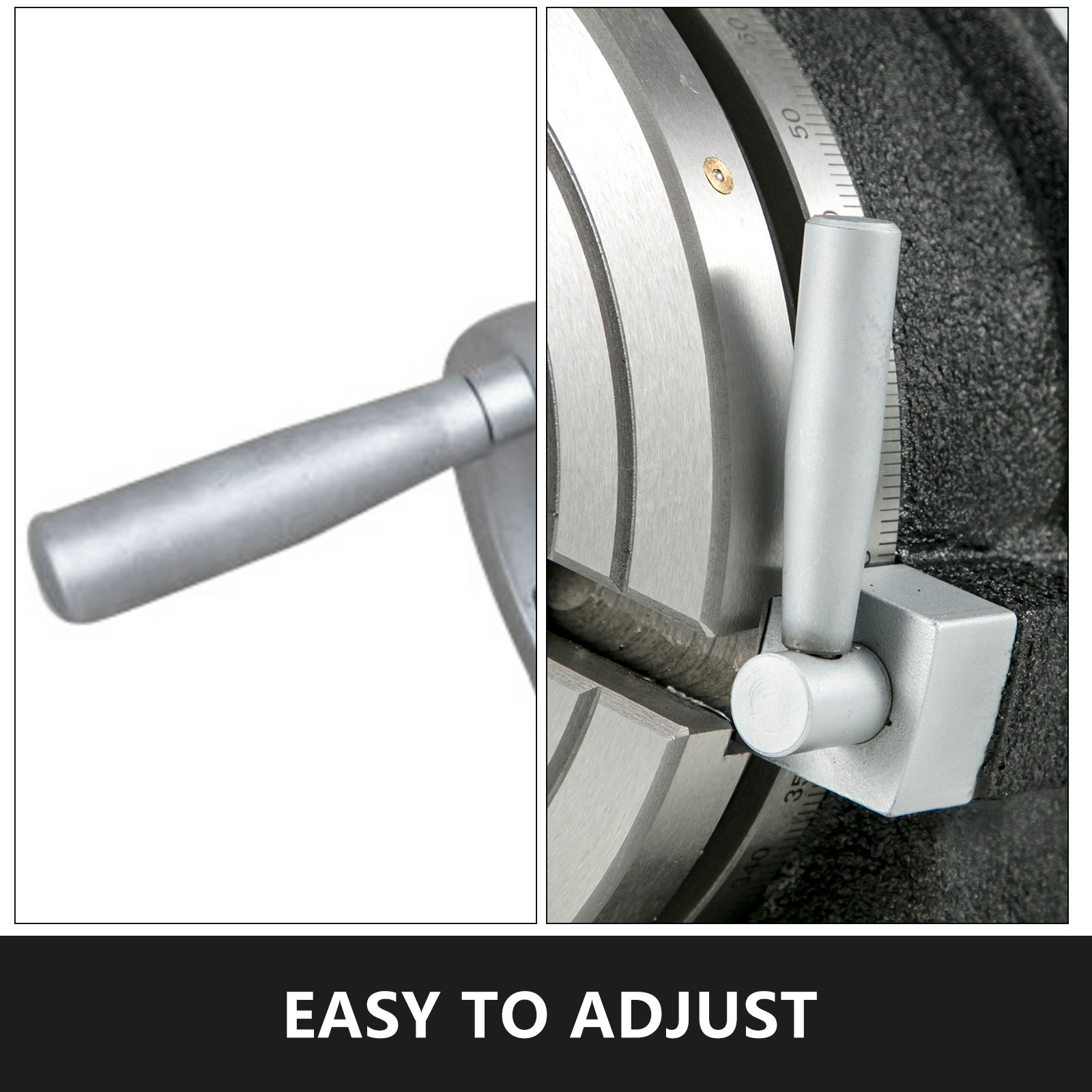 handle and adjustment dial close-up of VEVOR rotary table, showcasing easy-to-adjust feature.