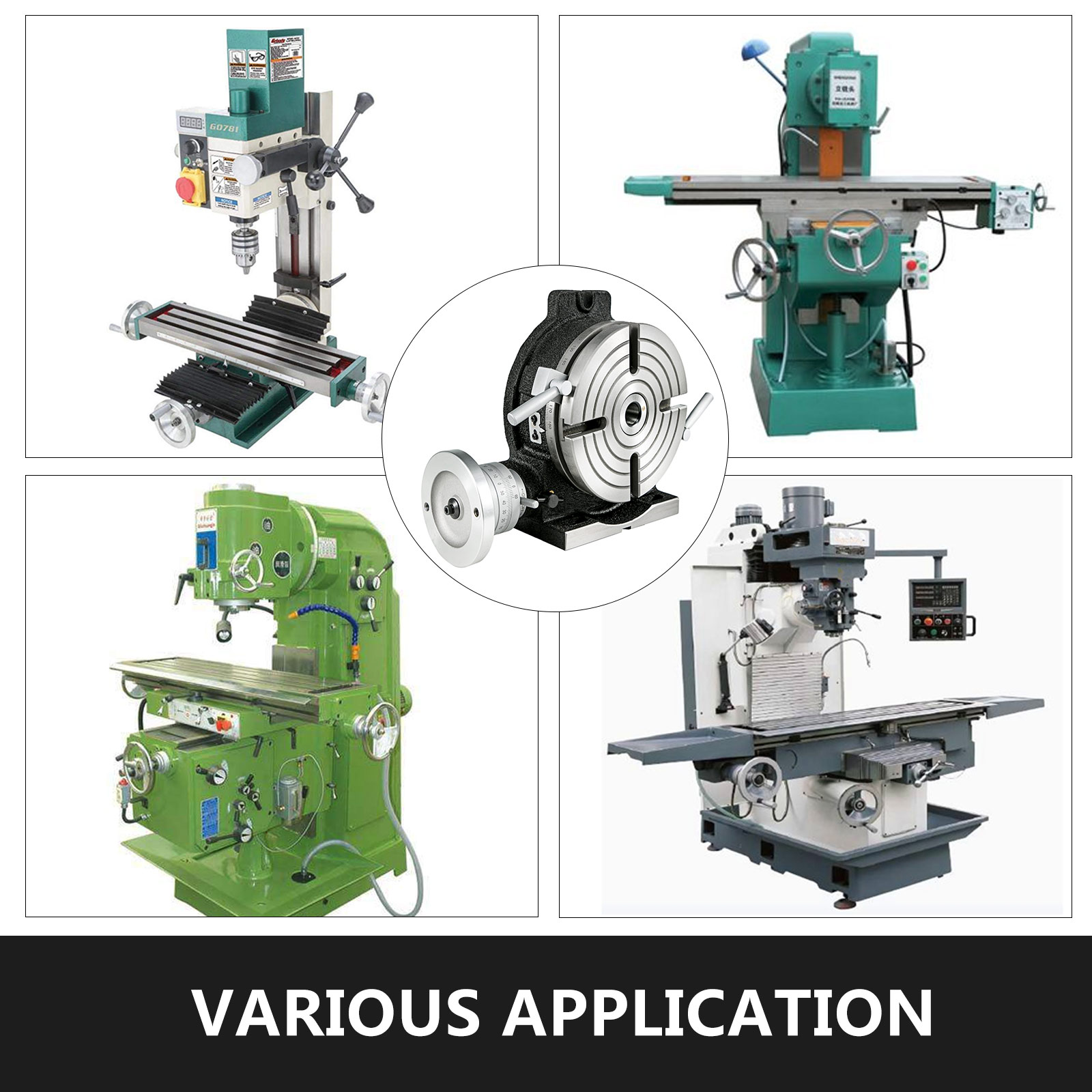 various machinery applications with a central VEVOR rotary table for precise adjustments.