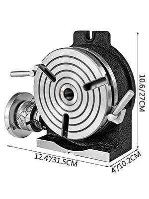 VEVOR rotary table measuring 12.4x10.6x4 with precise adjustment handles.