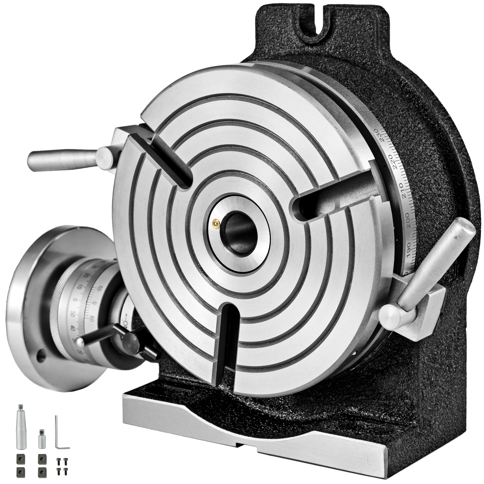 VEVOR rotary table with precise dial and sturdy build, shown with accessories on the side.