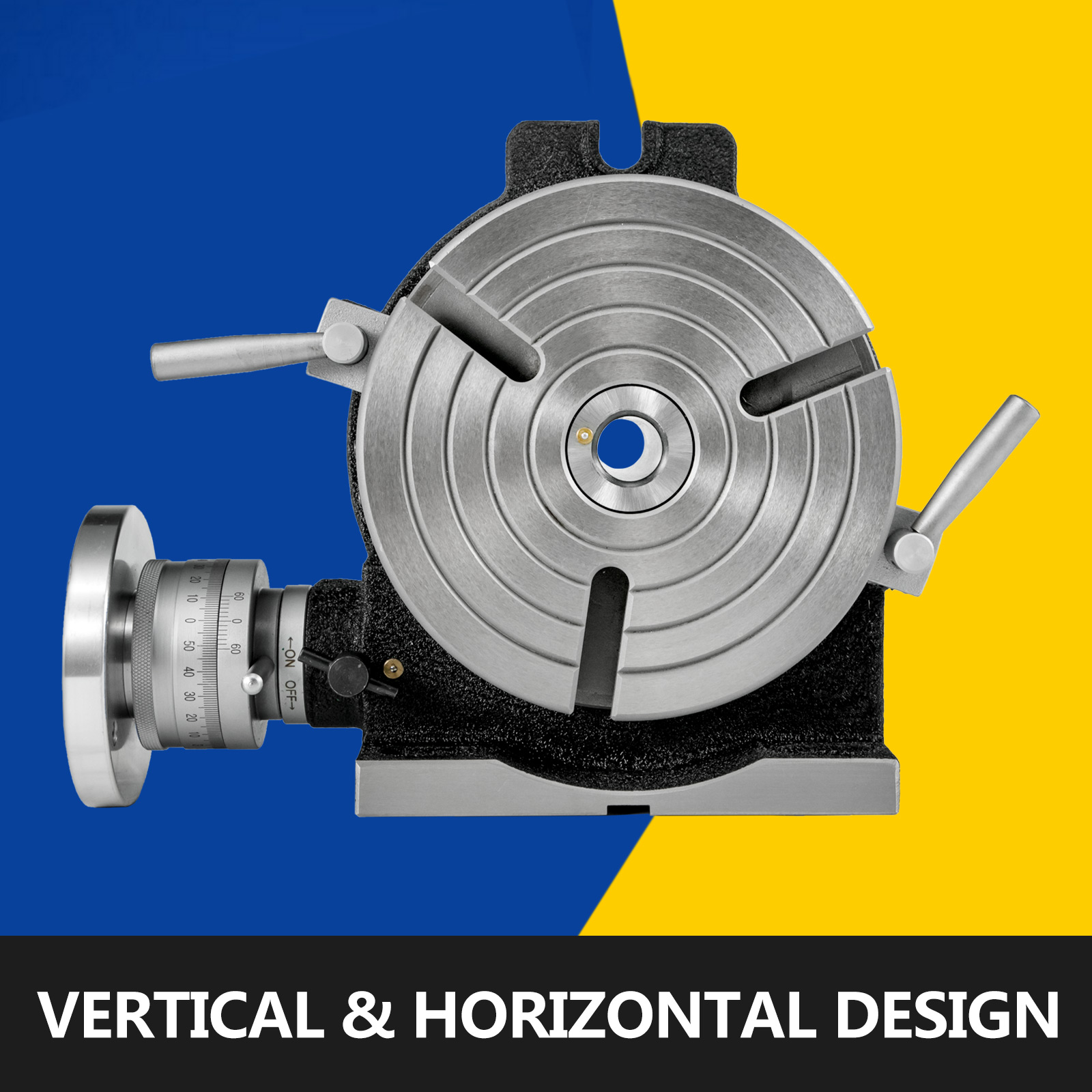 VEVOR rotary table with vertical and horizontal design on blue and yellow background.