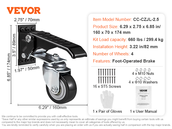 VEVOR workbench caster wheels with foot-operated brake, kit load capacity: 660 lbs, size: 6.29x2.75x6.85 in.