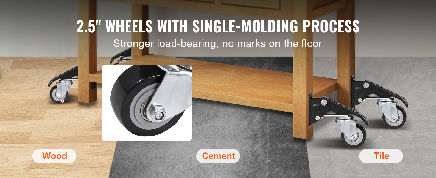 VEVOR workbench caster wheels on wood, cement, and tile surfaces. stronger load-bearing, no floor marks.