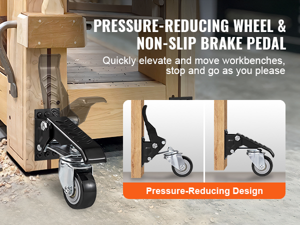 VEVOR workbench caster wheels with pressure-reducing design and non-slip brake pedal for easy mobility.