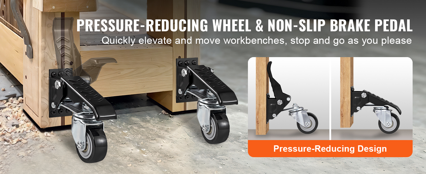 VEVOR workbench caster wheels with pressure-reducing design and non-slip brake pedal for easy mobility.