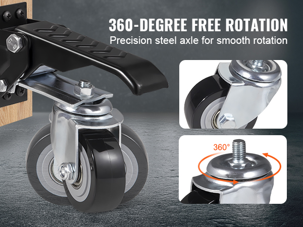 VEVOR workbench caster wheels with 360-degree rotation, featuring a precision steel axle for smooth movement.