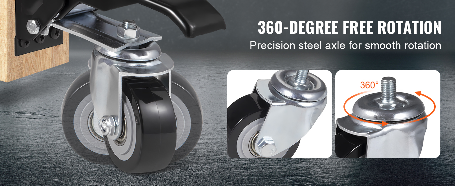 VEVOR workbench caster wheels with 360-degree rotation, featuring a precision steel axle for smooth movement.