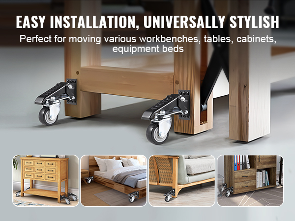 VEVOR workbench caster wheels on tables, cabinets, beds for easy mobility and stylish installation.