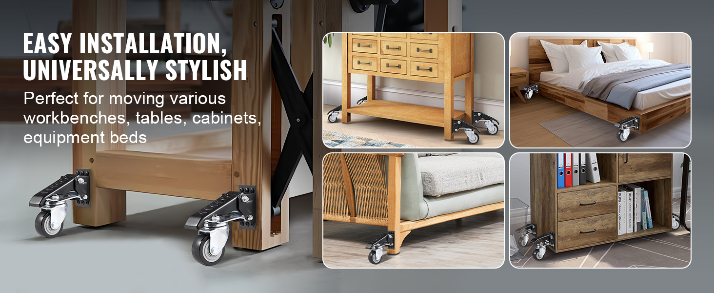 VEVOR workbench caster wheels on tables, cabinets, beds for easy mobility and stylish installation.