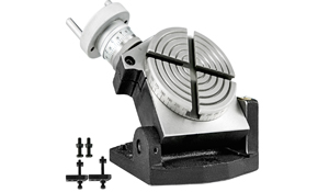 VEVOR rotary table with adjustment knobs and included hardware set.
