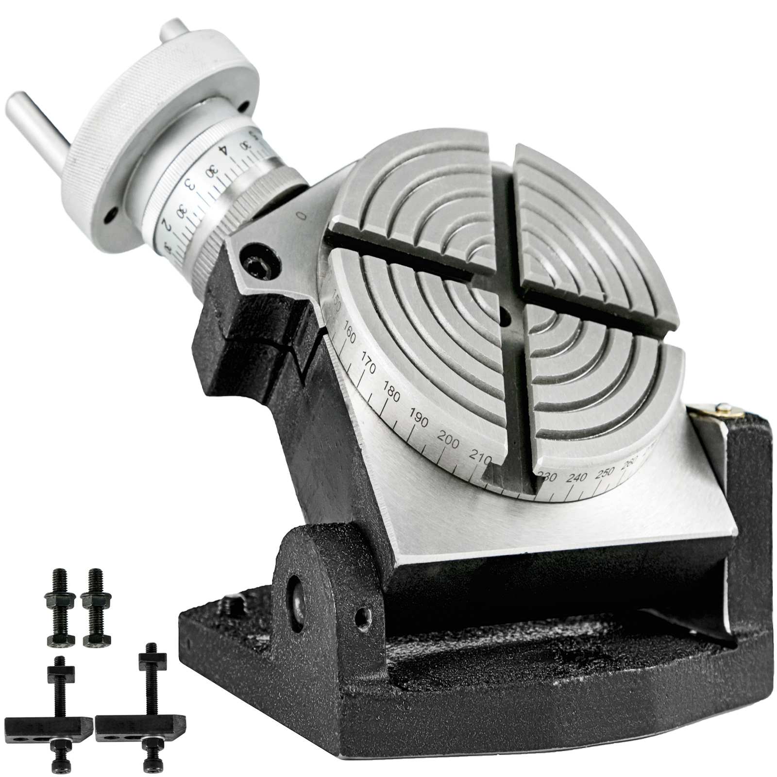 VEVOR rotary table with crank, degree scale, and t-slots, including mounting hardware.