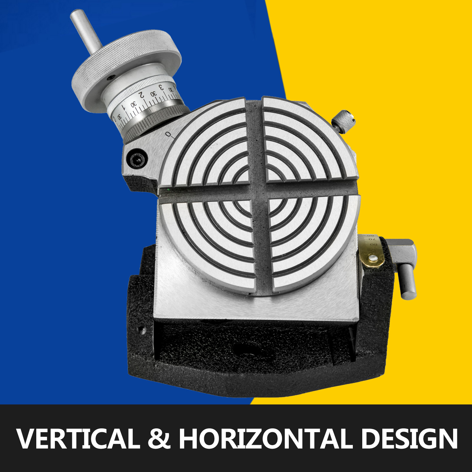 VEVOR rotary table with vertical & horizontal design on blue and yellow background