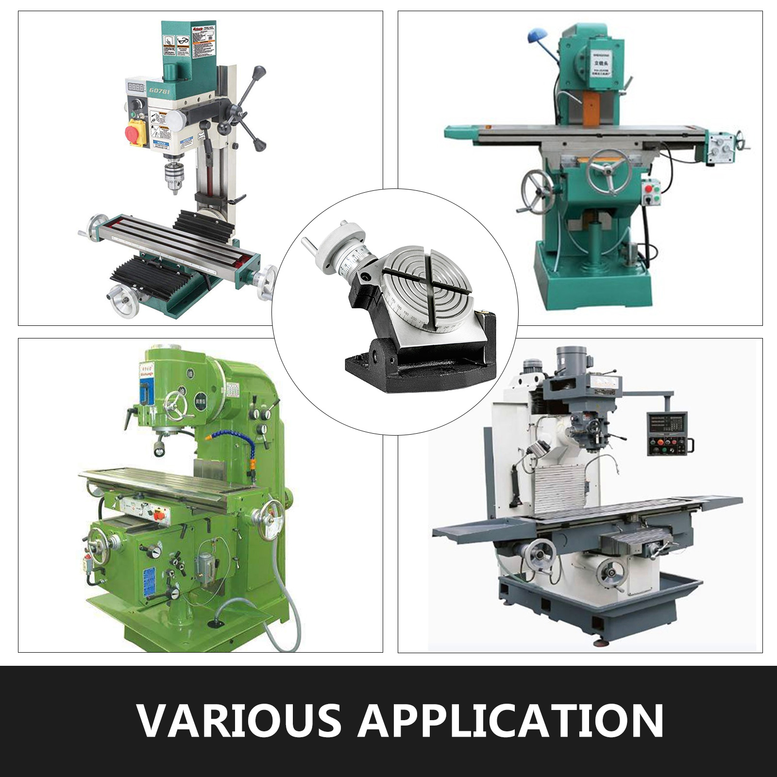 VEVOR rotary table with various milling machines for versatile applications.