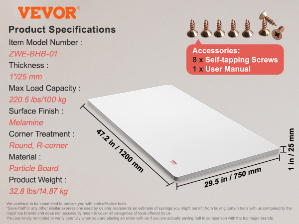 VEVOR table top, model zwe-bhb-01, particle board, 47.2" x 29.5", white, with screws and user manual.