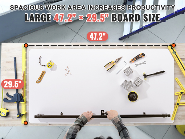 large VEVOR table top with 47.2" x 29.5" board size, tools, and measuring tape.