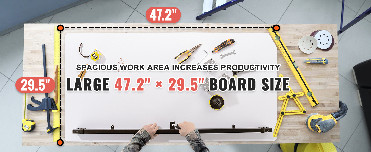 large VEVOR table top with 47.2" x 29.5" board size, tools, and measuring tape.