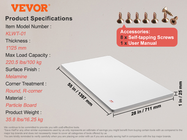 VEVOR standing desk top, 55"x28"x1", particle board, melamine finish, white, max load 220.5 lbs.