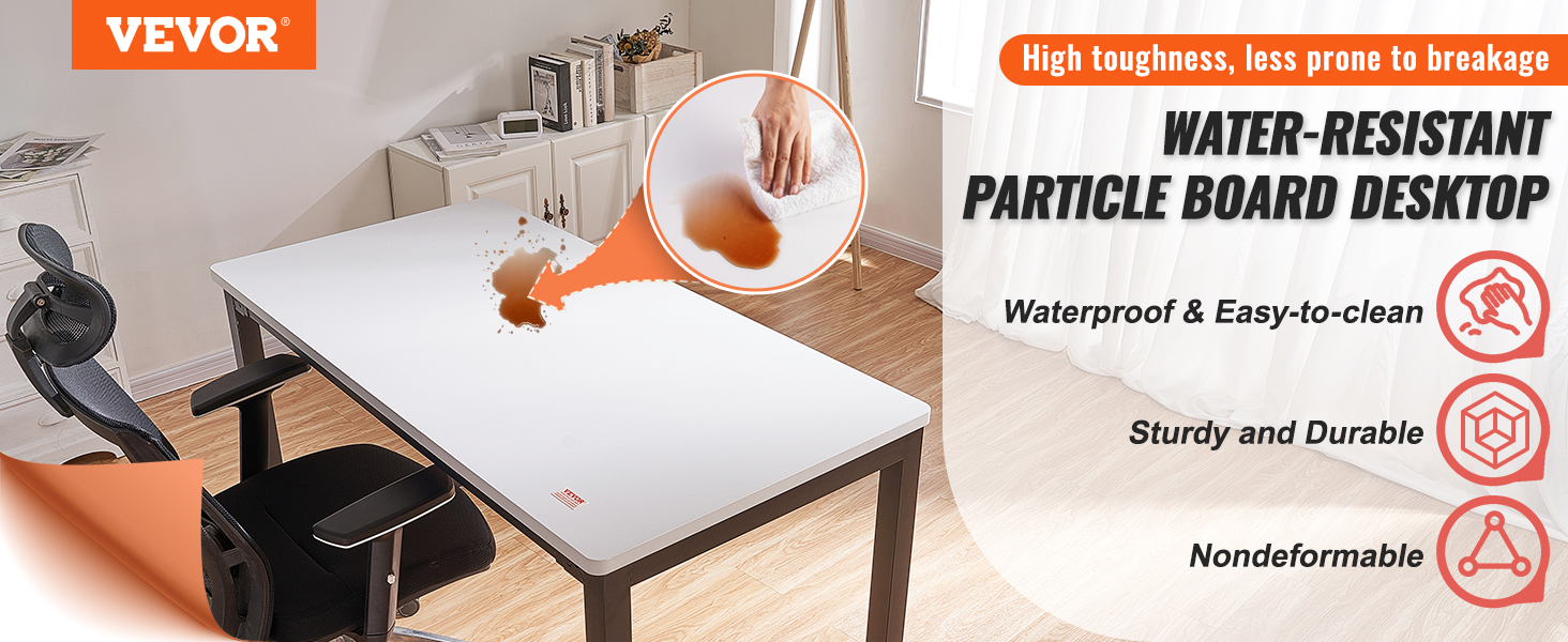 VEVOR standing desk top in a home office, showing water-resistant, easy-to-clean, sturdy and durable features.