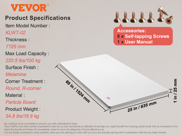 VEVOR standing desk countertop, 60"x25"x1", white particle board, 220.5 lbs load capacity.