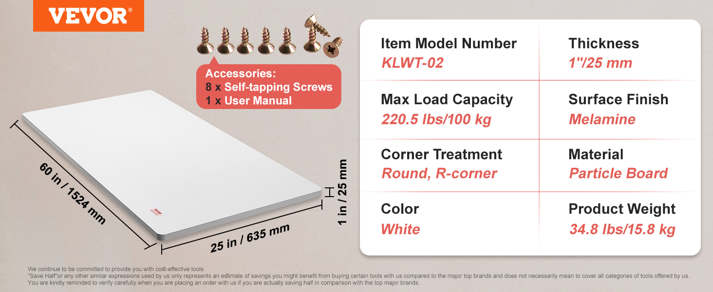 VEVOR standing desk countertop, 60"x25"x1", white particle board, 220.5 lbs load capacity.