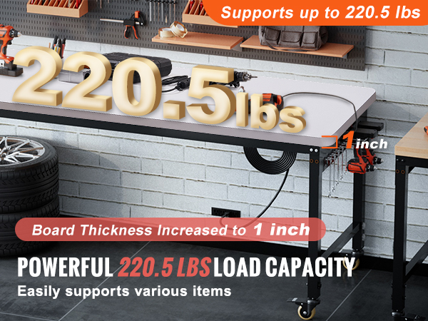 VEVOR standing desk countertop, 1-inch thick, supports up to 220.5 lbs load capacity.