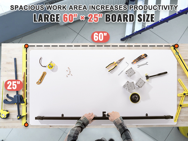 large 60" x 25" VEVOR standing desk countertop with various tools on a spacious wooden workbench.