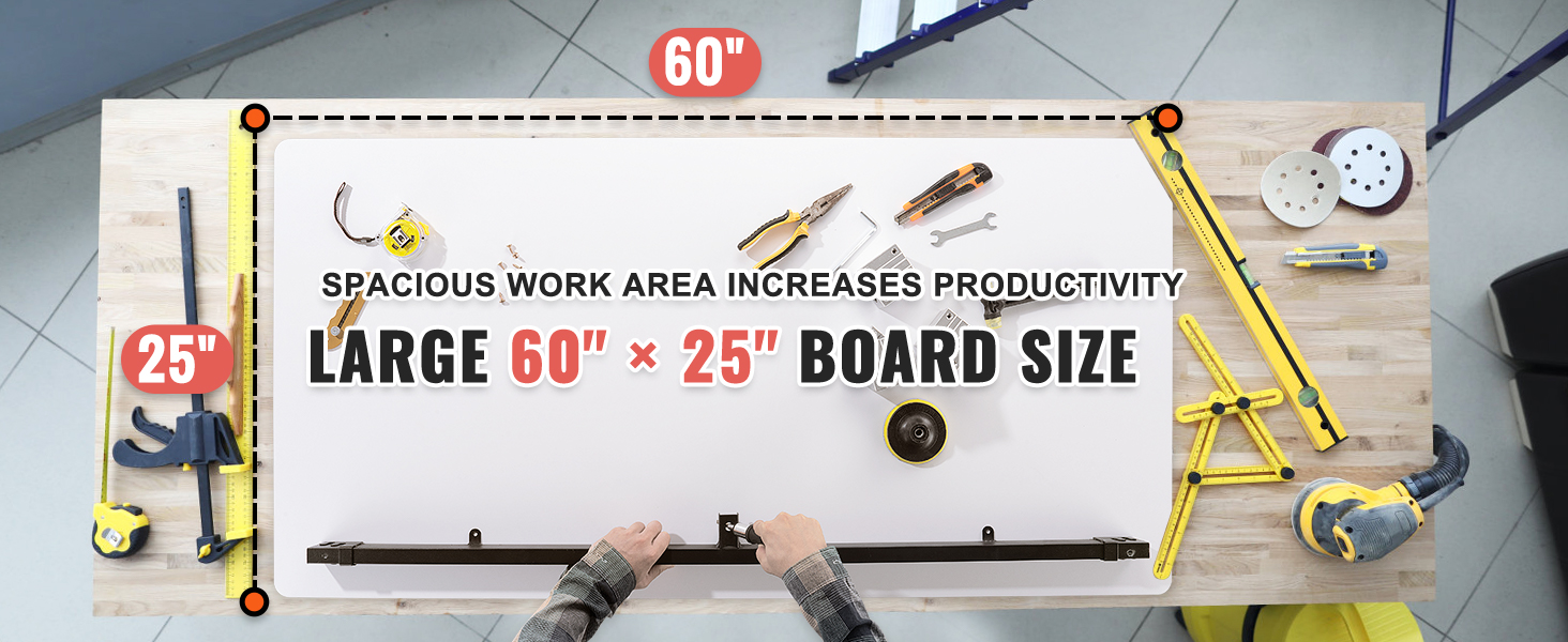 large 60" x 25" VEVOR standing desk countertop with various tools on a spacious wooden workbench.